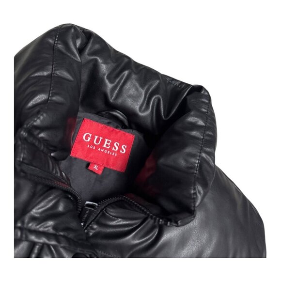 GUESS Faux Vegan Leather Black Designer Winter Puffer Parka Vest Womens XL - Picture 2 of 6